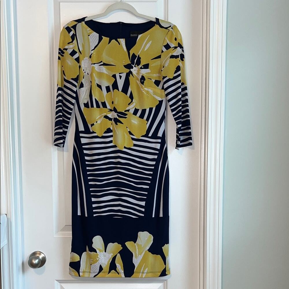 Frank Lyman Design Navy, Yellow & White Floral Stripe Sheath Dress